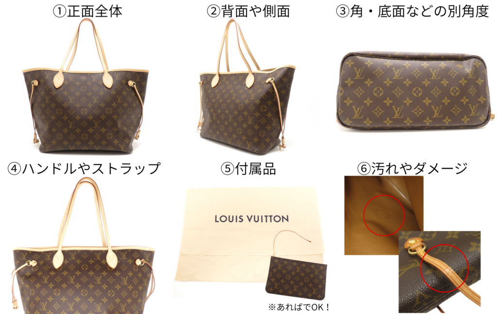 ブランドバッグのLINE査定で送る写真の撮り方(正面・背面・角・ハンドル・付属品・ダメージの撮影例)